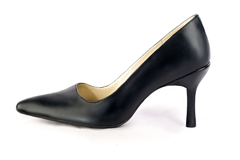 Satin black women's dress pumps,with a square neckline. Tapered toe. High slim heel. Profile view - Florence KOOIJMAN